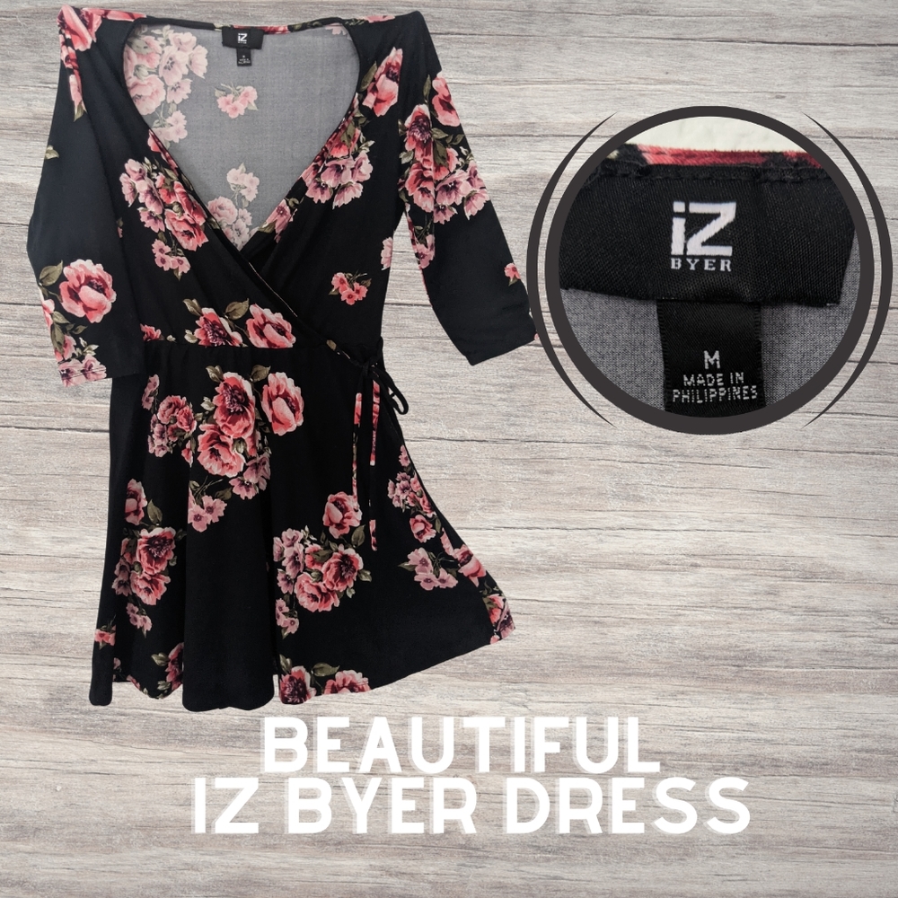IZ Byer Casual Dress | A-line Black & Pink Floral